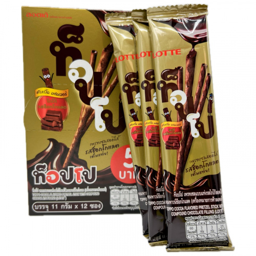 Палочки бисквитные "ТОППО" с какао начинкой СЛИМ пачка, Thai Lotte, 11г												